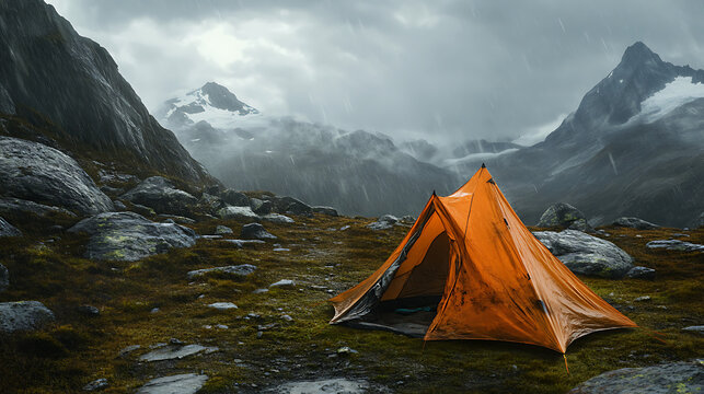 A torn, unusable tent left behind in a stormy mountain campsite.