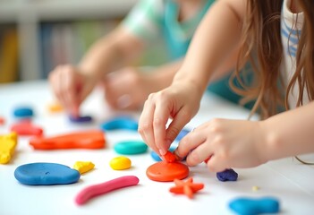 Child playing with colorful clay on a table during a creative activity