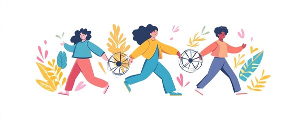 Fototapeta premium Three individuals using a wheel spinner in a flat illustration style, white background, clean and minimal design