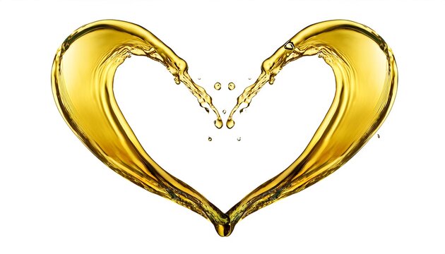 Oil splashes forming a heart shape, depicted in either olive or engine oil, isolated on a white background