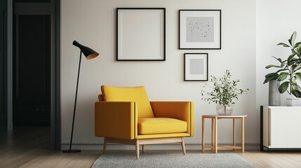 Scandinavian Interior Design of a Modern Living Room Featuring a Vibrant Color Premium Sitting Chair