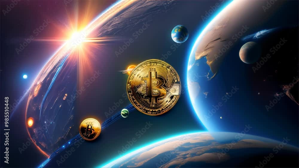 Poster bitcoin coin against a backdrop of planets and stars.. ai generation