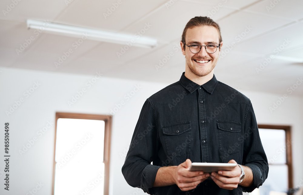 Poster Creative, office and portrait of man with tablet for web development, review or communication. Happy, developer and smile with technology at IT startup for ux info, plan or update of company database