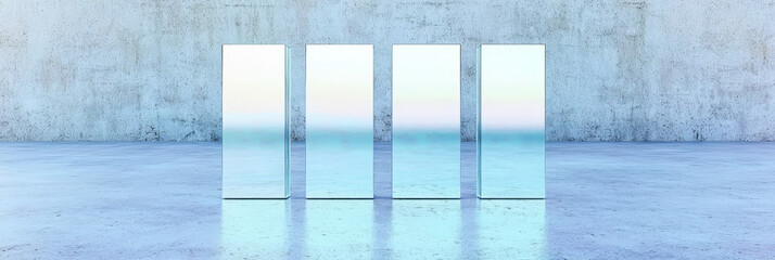 Four reflective panels stand in a minimalist space.
