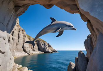 A powerful gray dolphin leaps gracefully through rocky archway, showcasing its strength and agility against stunning coastal backdrop. scene captures beauty of nature and majesty of marine life