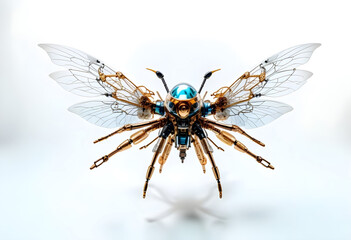 An elaborate insectlike drone with intricate details and futuristic design, showcasing metallic and transparent elements that resemble bee. This stunning creation captures imagination and evokes sense