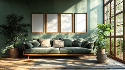A mockup of a gallery wall of white blank frames with thin wooden framing on a wall in a trendy stylish living room behind a couch