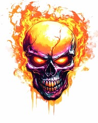 Fototapeta premium Punk-inspired skull illustration with hollow eyes and nose cavities emitting an intense orange glow, set against a plain white background.
