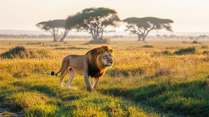 Lion walking through sunlit grass, with distant acacia trees and the savanna stretching endlessly behind