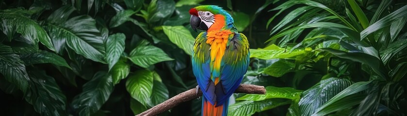Vibrant parrot with multicolored feathers perched on a branch, surrounded by lush green rainforest foliage