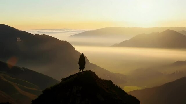 A hiker standing on a mountaintop overlooking a vast misty valley at sunrise. The scene captures the serenity and grandeur of nature, with dramatic light breaking through the fog.