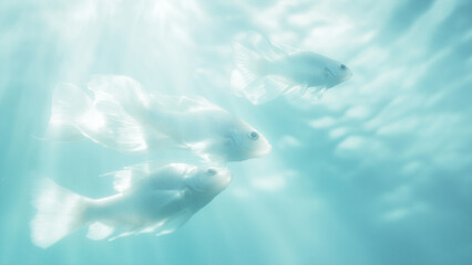 Naklejka premium Mystical Blue: Fishes in a Dreamlike Underwater Scene