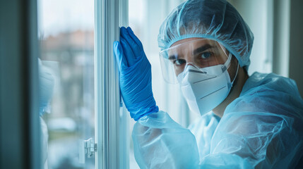 A man wearing a face mask and gloves, disinfecting door handles in his home during quarantine, with a sense of seriousness,