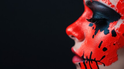 A striking side profile of a face adorned with vibrant red and black paint, showcasing a bold artistic expression and creative makeup.
