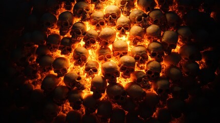 A striking visual of numerous skulls illuminated by fiery orange light, creating an intense atmosphere of mystery and intrigue.