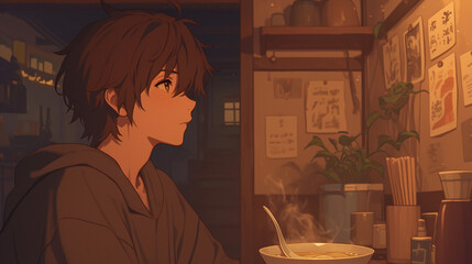 Anime Boy Enjoying Ramen in a Cozy Japanese Restaurant