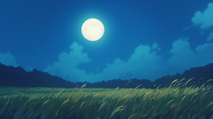 Serene Night Landscape with Full Moon and Grass Field