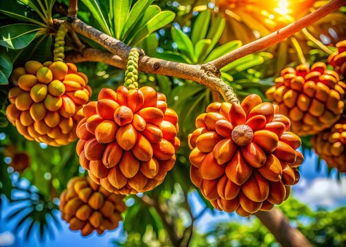 Lush tropical landscape illuminated by bright sunlight, showcasing vibrant monkey pod tree fruits effortlessly dangling