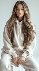 Attractive Woman Wearing Beige Hoodie and Pants