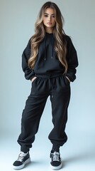 Stylish Woman in Black Hoodie and Sweatpants  Casual Fashion  Streetwear