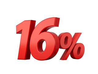 3d Red 16% Sixteen Percent Sign on White Background 3d illustration
