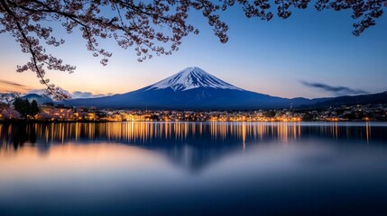 Mount Fuji reflected perfectly on the surface of Lake Kawaguchi, with cherry blossoms framing at the twilight