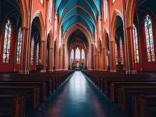 Obraz premium Intricate Gothic cathedral with stained glass windows depicting religious stories and symbols