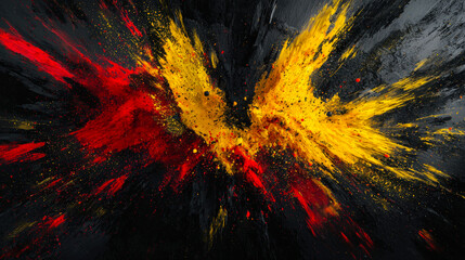 Fototapeta premium A black-yellow-red explosion of colors with flying particles on a black background. The colors are bright and chaotic, creating a sense of energy and movement