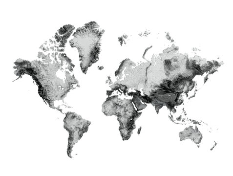 Fototapeta 3d World Map Black And White Shaded Relief Hypsometric Map On White Background, 3d illustration 