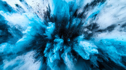 A blue-black-white explosion with a lot of black particles. The blue and white colors are very bright, and the explosion looks very powerful. Stylish abstract background made of Holi paints