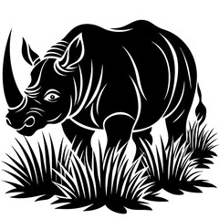 Rhinoceros Silhouette Walking Through Tall Grass Vector black Art
