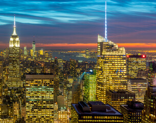 View of New York Manhattan during sunset hours