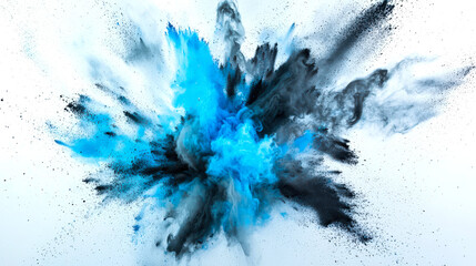 Obraz premium A blue-black explosion of smoke and dust in the air on a white background. The blue and black colors of the Holi paints contrast, and smoke and dust randomly swirl around