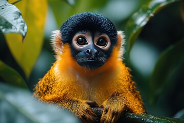 Fototapeta premium Full-body shot of a vibrant monkey sitting in a natural habitat, showcasing vivid colors and details