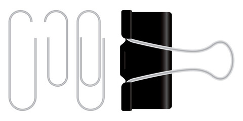 Set of binder and paper clip. Realistic silver metallic paper holder isolated on transparent.