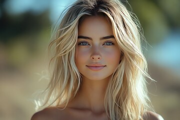 Fototapeta premium Stunning Blonde Woman in Bright Colors Embracing Nature's Beauty with a Joyful Expression Outdoors