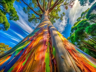 Rainbow Eucalyptus bark displays stunning colors and intricate textures, creating a vibrant tapestry of hues in its