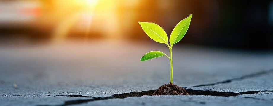 A resilient sprout breaking through pavement, symbolizing hope and growth in urban environments amidst challenges.