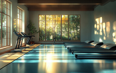 Fototapeta premium A serene fitness room featuring treadmills and yoga mats, bathed in warm sunlight from large windows, creating a peaceful atmosphere.