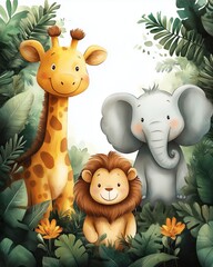 Naklejka premium Smiling giraffe, lion, and elephant in a vibrant jungle setting with green plants and orange flowers.