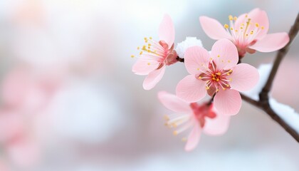 Delicate pink flowers bloom gracefully, symbolizing beauty and the arrival of spring in a soft, serene setting.