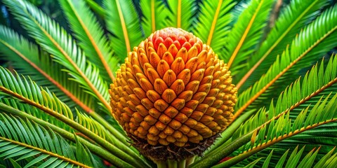 Sago palm fruit showcases a stunning array of rich colors and textures, beautifully contrasting with a lush green