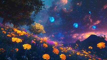 A field of yellow flowers with a mountain in the background and a starry night sky with blue orbs.
