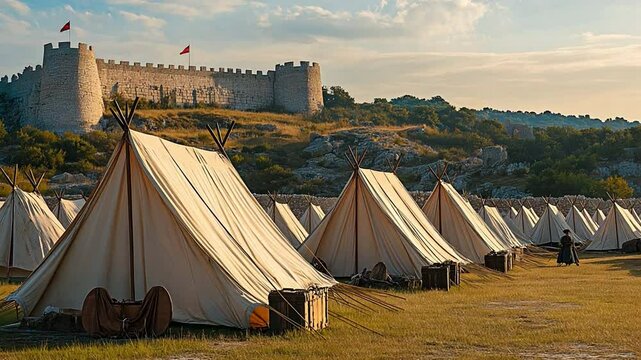 Roman army military tent camp at the castle, historically reenacted
