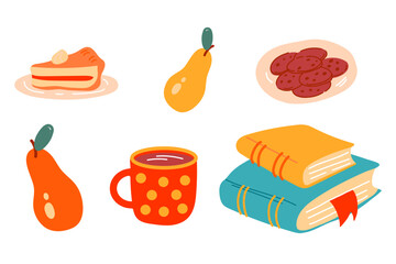 Set of cozy autumn elements: piece of pie, an apple, a plate of cookies, a mug of tea, two books with a bookmark. Cute scrapbook stickers collection of fall season elements.