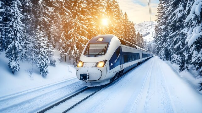 A picturesque winter landscape featuring a modern train gliding through snow-covered trees under a golden sunrise.