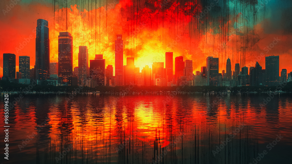 Wall mural A city skyline with a large fire in the background. The fire is orange and the sky is red