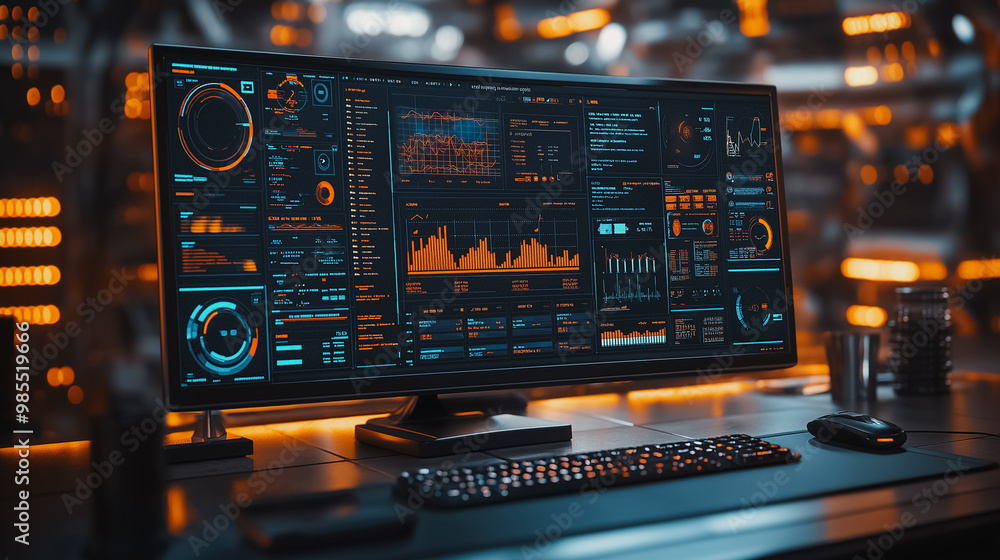 Poster a computer monitor displays a variety of colorful graphs and numbers. scene is one of intense focus 