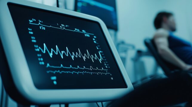 A heart rate monitor displaying fluctuating lines and numbers, with a patient exercising on a treadmill in a medical testing room. - Powered by Adobe