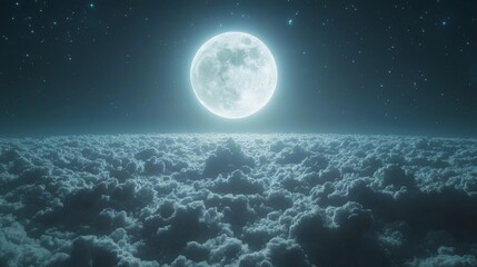 The full moon in the sky, above the clouds, is surrounded by a halo of light, and in the sky